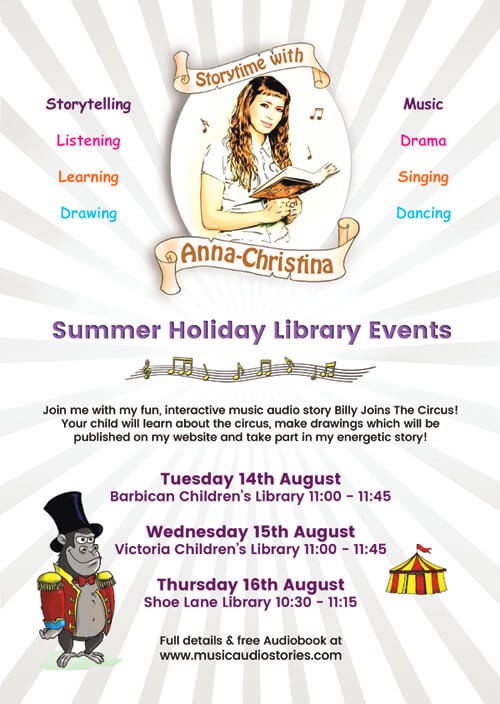 Music Audio Stories Summer Holiday Library Events flyer image